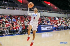 UNIVERSITY PARK, TX - JANUARY 03: Southern Methodist Mustangs guard Mikayla Reese (4) goes to the basket during the women's game between SMU and UCF on January 3, 2018 at Moody Coliseum in Dallas, TX. (Photo by George Walker/Icon Sportswire)
