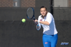 DALLAS, TX - FEBRUARY 4: Liza Buss hits a backhand during the SMU women's tennis match vs Iowa on February 4, 2018, at the SMU Tennis Complex, Turpin Stadium & Brookshire Family Pavilion in Dallas, TX. (Photo by George Walker/DFWsportsonline)
