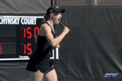 DALLAS, TX - FEBRUARY 4: Iowa player reacts during the SMU women's tennis match vs Iowa on February 4, 2018, at the SMU Tennis Complex, Turpin Stadium & Brookshire Family Pavilion in Dallas, TX. (Photo by George Walker/DFWsportsonline)