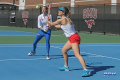 DALLAS, TX - FEBRUARY 4: Karina Traxler hits a forehand volley during the SMU women's tennis match vs Iowa on February 4, 2018, at the SMU Tennis Complex, Turpin Stadium & Brookshire Family Pavilion in Dallas, TX. (Photo by George Walker/DFWsportsonline)