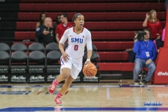 UNIVERSITY PARK, TX - FEBRUARY 07: Southern Methodist Mustangs guard Kiara Perry (0) brings the ball up court during the game between SMU and Tulsa on February 7, 2018, at Moody Coliseum in Dallas, TX. (Photo by George Walker/Icon Sportswire)