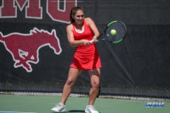 DALLAS, TX - MARCH 16: Charline Anselmo hits a backhand during the SMU women's tennis match vs Troy on March 16, 2018, at the SMU Tennis Complex, Turpin Stadium & Brookshire Family Pavilion in Dallas, TX. (Photo by George Walker/DFWsportsonline)