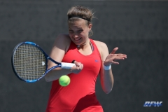DALLAS, TX - MARCH 16: Liza Buss hits a forehand during the SMU women's tennis match vs Troy on March 16, 2018, at the SMU Tennis Complex, Turpin Stadium & Brookshire Family Pavilion in Dallas, TX. (Photo by George Walker/DFWsportsonline)