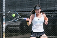 Haruka Sasaki in her singles match against KU on March 19, 2017 at Waranch Tennis Center.