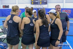 DALLAS, TX - APRIL 16: The team huddle before the North Texas women's tennis match vs SMU on April 12, 2018, at the SMU Tennis Complex, Turpin Stadium & Brookshire Family Pavilion in Dallas, TX. (Photo by Mark Woods/DFWsportsonline)