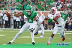 DENTON, TX - SEPTEMBER 01: UNT wide receiver Jalen Guyton (9) scoring the first touchdown during the game between North Texas and SMU on September 1, 2018 at Apogee Stadium in Denton, TX. (Photo by Mark Woods/DFWsportsonline)
