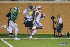 DENTON, TX - SEPTEMBER 01: Southern Methodist Mustangs wide receiver James Proche (3) runs up the sideline for a touchdown during the game between North Texas and SMU on September 1, 2018 at Apogee Stadium in Denton, TX. (Photo by George Walker/DFWsportsonline)