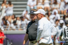 DALLAS, TX - SEPTEMBER 16: TCU Horned Frogs head coach Gary Patterson and Southern Methodist Mustangs head coach Chad Morris talk before the game between the SMU Mustangs and TCU Horned Frogs on September 16, 2017, at Amon G. Carter Stadium in Fort Worth, Texas. (Photo by George Walker/DFWsportsonline)