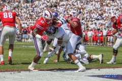DALLAS, TX - SEPTEMBER 16: Southern Methodist Mustangs running back Ke'Mon Freeman (13) scores a touchdown during the game between the SMU Mustangs and TCU Horned Frogs on September 16, 2017, at Amon G. Carter Stadium in Fort Worth, Texas.  (Photo by George Walker/DFWsportsonline)