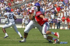 DALLAS, TX - SEPTEMBER 16: TCU Horned Frogs guard Matt Pryor (64) blocks Southern Methodist Mustangs defensive end Justin Lawler (99) during the game between the SMU Mustangs and TCU Horned Frogs on September 16, 2017, at Amon G. Carter Stadium in Fort Worth, Texas.  (Photo by George Walker/DFWsportsonline)