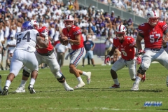 DALLAS, TX - SEPTEMBER 16: Southern Methodist Mustangs quarterback Ben Hicks (8) drops to pass during the game between the SMU Mustangs and TCU Horned Frogs on September 16, 2017, at Amon G. Carter Stadium in Fort Worth, Texas.  (Photo by George Walker/DFWsportsonline)