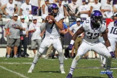 DALLAS, TX - SEPTEMBER 16: TCU Horned Frogs quarterback Kenny Hill (7) drops back to pass during the game between the SMU Mustangs and TCU Horned Frogs on September 16, 2017, at Amon G. Carter Stadium in Fort Worth, Texas.  (Photo by George Walker/DFWsportsonline)