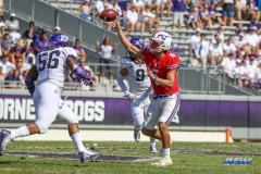 DALLAS, TX - SEPTEMBER 16: Southern Methodist Mustangs quarterback Ben Hicks (8) throws during the game between the SMU Mustangs and TCU Horned Frogs on September 16, 2017, at Amon G. Carter Stadium in Fort Worth, Texas.  (Photo by George Walker/DFWsportsonline)