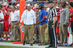 DALLAS, TX - SEPTEMBER 30: Southern Methodist Mustangs head coach Chad Morris patrols the sideline during the game between SMU and UConn on September 30, 2017, at Gerald J. Ford Stadium in Dallas, TX. (Photo by George Walker/DFWsportsonline)