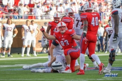 DALLAS, TX - SEPTEMBER 30: Southern Methodist Mustangs defensive end Mason Gentry (93) sacks Connecticut Huskies quarterback Bryant Shirreffs (4) during the game between SMU and UConn on September 30, 2017, at Gerald J. Ford Stadium in Dallas, TX. (Photo by George Walker/Icon Sportswire)
