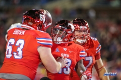 DALLAS, TX - OCTOBER 27: Southern Methodist Mustangs offensive lineman Evan Brown (63) celebrates with Southern Methodist Mustangs running back Ke'Mon Freeman (13) after a touchdown during the game between SMU and Tulsa on October 27, 2017, at Gerald J. Ford Stadium in Dallas, TX. (Photo by George Walker/DFWsportsonline)