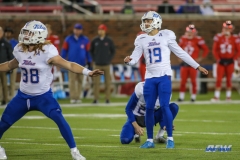 DALLAS, TX - OCTOBER 27: Tulsa Golden Hurricane place kicker Redford Jones (19) kicks a field goal during the game between SMU and Tulsa on October 27, 2017, at Gerald J. Ford Stadium in Dallas, TX. (Photo by George Walker/Icon Sportswire)