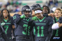DENTON, TX - OCTOBER 28: North Texas Mean Green safety Makyle Sanders (31) and North Texas Mean Green defensive back Cam Johnson (11) during the game between the North Texas Mean Green and Old Dominion Monarchs on October 28, 2017, at Apogee Stadium in Denton, Texas. (Photo by George Walker/DFWsportsonline)