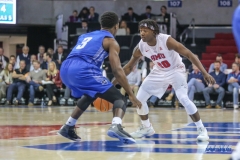 UNIVERSITY PARK, TX - DECEMBER 13: Southern Methodist Mustangs guard Elijah Landrum (20) dribbles during the game between SMU and New Orleans on December 13, 2017 at Moody Coliseum in Dallas, TX. (Photo by George Walker/Icon Sportswire)
