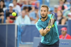 CINCINNATI, OH - Viktor Troicki (SRB) hits a backhand during the Western & Southern Open at the Lindner Family Tennis Center in Mason, Ohio on August 13, 2017, (Photo by George Walker/DFWsportsonline
