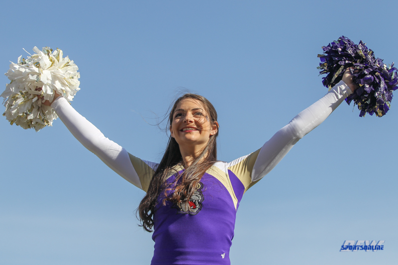 FRISCO, TX - JANUARY 6: James Madison cheerleader performs during the NCAA FCS Championship football game between North Dakota State and James Madison on January 6, 2018 at Toyota Stadium in Frisco, TX. (Photo by George Walker/DFWsportsonline)