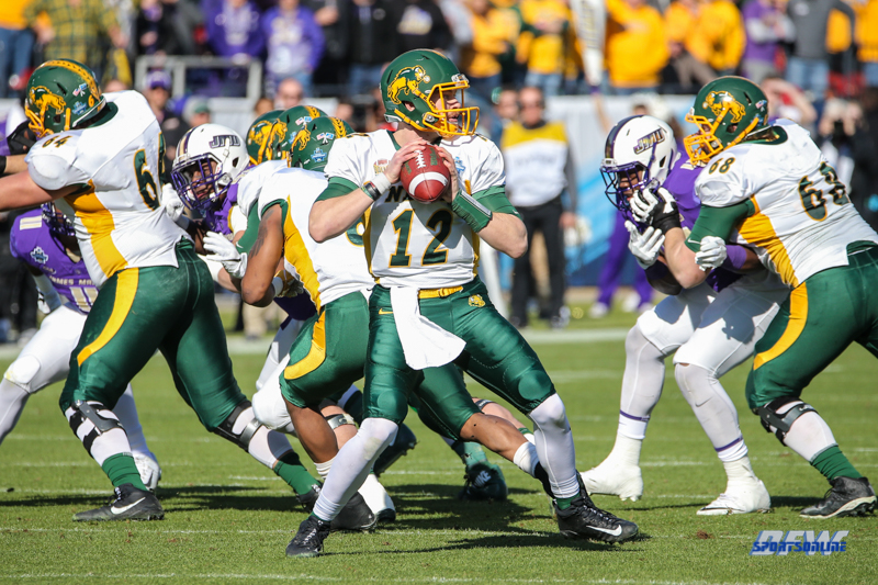 FRISCO, TX - JANUARY 6: North Dakota State Bison quarterback Easton Stick (12) passes during the NCAA FCS Championship football game between North Dakota State and James Madison on January 6, 2018 at Toyota Stadium in Frisco, TX. (Photo by George Walker/DFWsportsonline)