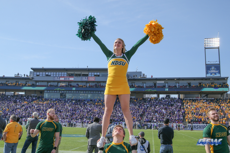 FRISCO, TX - JANUARY 6: North Dakota State cheerleader performs during the NCAA FCS Championship football game between North Dakota State and James Madison on January 6, 2018 at Toyota Stadium in Frisco, TX. (Photo by George Walker/DFWsportsonline)