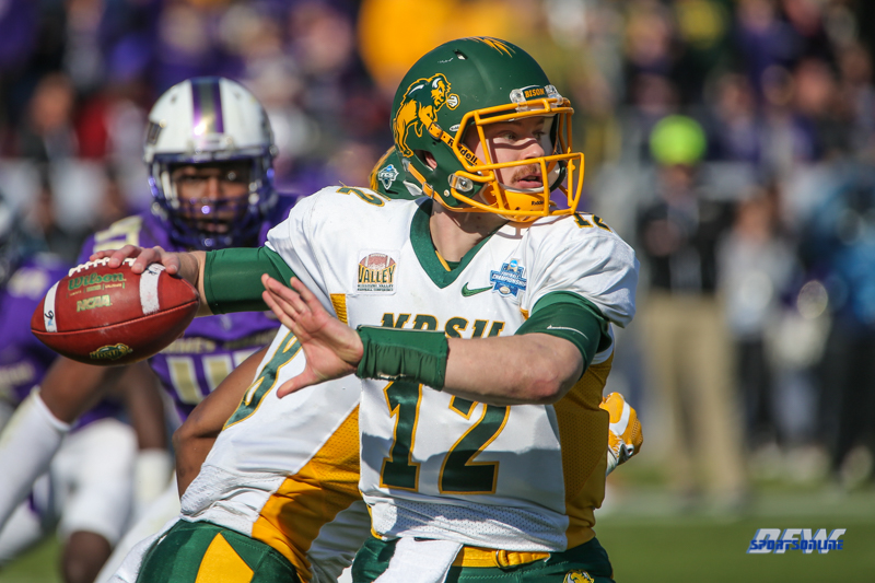 FRISCO, TX - JANUARY 06: North Dakota State Bison quarterback Easton Stick (12) passes during the FCS National Championship game between North Dakota State and James Madison on January 6, 2018 at Toyota Stadium in Frisco, TX. (Photo by George Walker/Icon Sportswire)