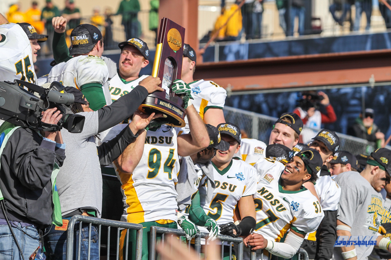 FRISCO, TX - JANUARY 06: North Dakota State players lift the trophy after winning the FCS National Championship game between North Dakota State and James Madison on January 6, 2018 at Toyota Stadium in Frisco, TX. (Photo by George Walker/Icon Sportswire)