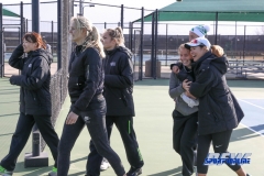 Denton, TX - February 3: Mean Green Women’s Tennis team react at the end of the dual match against the IOWA Hawkeyes on February 3, 2018 at the Waranch Tennis Complex in Denton, TX. (Photo by Mark Woods/DFWsportsonline)