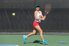 DALLAS, TX - FEBRUARY 4: Karina Traxler hits a backhand during the SMU women's tennis match vs Iowa on February 4, 2018, at the SMU Tennis Complex, Turpin Stadium & Brookshire Family Pavilion in Dallas, TX. (Photo by George Walker/DFWsportsonline)