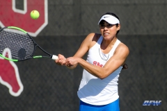 DALLAS, TX - FEBRUARY 4: Ana Perez-Lopez hits a backhand during the SMU women's tennis match vs Iowa on February 4, 2018, at the SMU Tennis Complex, Turpin Stadium & Brookshire Family Pavilion in Dallas, TX. (Photo by George Walker/DFWsportsonline)