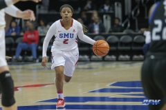 UNIVERSITY PARK, TX - FEBRUARY 07: Southern Methodist Mustangs guard Ariana Whitfield (2) brings the ball up court during the game between SMU and Tulsa on February 7, 2018, at Moody Coliseum in Dallas, TX. (Photo by George Walker/Icon Sportswire)