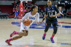 UNIVERSITY PARK, TX - FEBRUARY 07: Southern Methodist Mustangs guard Kiara Perry (0) drives to the basket during the game between SMU and Tulsa on February 7, 2018, at Moody Coliseum in Dallas, TX. (Photo by George Walker/Icon Sportswire)