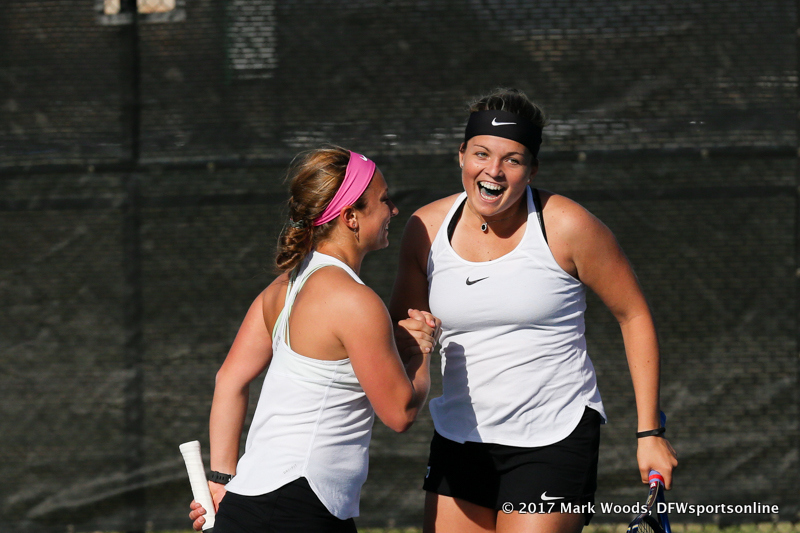 Thoma and Héczey at the conclusion of the #2 doubles match between North Texas and Old Dominion on March 3, 2017 at Waranch Tennis Complex in Denton, TX.