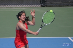 DALLAS, TX - MARCH 16: Sarai Monarrez Yesaki hits a backhand during the SMU women's tennis match vs Troy on March 16, 2018, at the SMU Tennis Complex, Turpin Stadium & Brookshire Family Pavilion in Dallas, TX. (Photo by George Walker/DFWsportsonline)