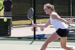 Ivana Babić in her doubles match against KU on March 19, 2017 at Waranch Tennis center.