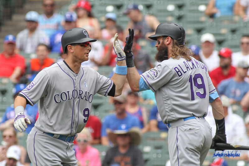 ARLINGTON, TX - JUNE 17: Colorado Rockies second baseman DJ LeMahieu (9) is greeted by Colorado Rockies center fielder Charlie Blackmon (19) at home plate after hitting a home run during the game between the Colorado Rockies and the Texas Rangers on June 17, 2018 at Globe Life Park in Arlington, TX. (Photo by George Walker/Icon Sportswire) ARLINGTON, TX - JUNE 17: Colorado Rockies second baseman DJ LeMahieu (9) is greeted by Colorado Rockies center fielder Charlie Blackmon (19) at home plate after hitting a home run during the game between the Colorado Rockies and the Texas Rangers on June 17, 2018 at Globe Life Park in Arlington, TX. (Photo by George Walker/Icon Sportswire)