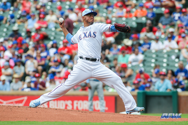 ARLINGTON, TX - JUNE 17: Texas Rangers pitcher Yovani Gallardo (49) throws to the plate during the game between the Colorado Rockies and the Texas Rangers on June 17, 2018 at Globe Life Park in Arlington, TX. (Photo by George Walker/Icon Sportswire) ARLINGTON, TX - JUNE 17: Texas Rangers pitcher Yovani Gallardo (49) throws to the plate during the game between the Colorado Rockies and the Texas Rangers on June 17, 2018 at Globe Life Park in Arlington, TX. (Photo by George Walker/Icon Sportswire)