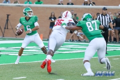 DENTON, TX - SEPTEMBER 01: UNT quarterback Mason Fine (6) about to pass during the game between North Texas and SMU on September 1, 2018 at Apogee Stadium in Denton, TX. (Photo by Mark Woods/DFWsportsonline)