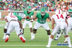 DENTON, TX - SEPTEMBER 01: UNT quarterback Mason Fine (6) drops back to pass during the game between North Texas and SMU on September 1, 2018 at Apogee Stadium in Denton, TX. Defending on the play is offensive lineman Sosaia Mose (60). (Photo by Mark Woods/DFWsportsonline)
