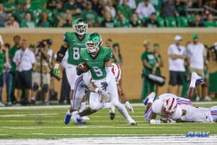 DENTON, TX - SEPTEMBER 01: North Texas Mean Green wide receiver Jalen Guyton (9) runs after a catch during the game between North Texas and SMU on September 1, 2018 at Apogee Stadium in Denton, TX. (Photo by George Walker/DFWsportsonline)