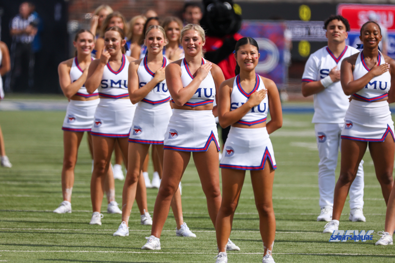 DALLAS, TX - SEPTEMBER 02: Southern Methodist Mustangs cheerleaders during the game between SMU and Louisiana Tech on September 2, 2023 at Gerald J Ford Stadium in Dallas, TX. (Photo by George Walker/DFWsportsonline)