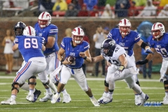 DALLAS, TX - SEPTEMBER 07: Southern Methodist Mustangs quarterback Ben Hicks (8) tries to avoid a hit by TCU Horned Frogs linebacker Ty Summers (42) during the game between TCU and SMU on September 7, 2018 at Gerald J. Ford Stadium in Dallas, TX. (Photo by George Walker/DFWsportsonline)
