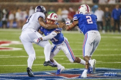DALLAS, TX - SEPTEMBER 07: TCU Horned Frogs quarterback Shawn Robinson (3) is hit by Southern Methodist Mustangs safety Cole Sterns (21) during the game between TCU and SMU on September 7, 2018 at Gerald J. Ford Stadium in Dallas, TX. (Photo by George Walker/DFWsportsonline)
