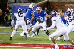 DALLAS, TX - SEPTEMBER 07: Southern Methodist Mustangs offensive lineman Larry Hughes (79) blocks during the game between TCU and SMU on September 7, 2018 at Gerald J. Ford Stadium in Dallas, TX. (Photo by George Walker/Icon Sportswire)