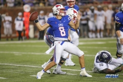 DALLAS, TX - SEPTEMBER 07: Southern Methodist Mustangs quarterback Ben Hicks (8) passes during the game between TCU and SMU on September 7, 2018 at Gerald J. Ford Stadium in Dallas, TX. (Photo by George Walker/Icon Sportswire)