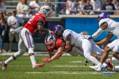 DALLAS, TX - SEPTEMBER 16: Southern Methodist Mustangs wide receiver Trey Quinn (18) is tackled during the game between the SMU Mustangs and TCU Horned Frogs on September 16, 2017, at Amon G. Carter Stadium in Fort Worth, Texas.  (Photo by George Walker/DFWsportsonline)