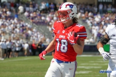 DALLAS, TX - SEPTEMBER 16: Southern Methodist Mustangs wide receiver Trey Quinn (18) scores a touchdown during the game between the SMU Mustangs and TCU Horned Frogs on September 16, 2017, at Amon G. Carter Stadium in Fort Worth, Texas.  (Photo by George Walker/DFWsportsonline)