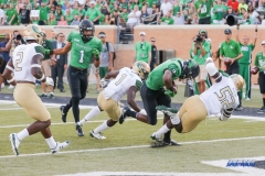 DENTON, TX - SEPTEMBER 23: UNT RUNNING BACK JEFFERY WILSON (3) SCORING A TOUCHDOWN DURING THE GAME BETWEEN THE UNT MEAN GREEN AND UAB BLAZERS ON SEPTEMBER 23, 2017, AT APOGEE STADUIM IN DENTON, TEXAS. (PHOTO BY MARK WOODS/DFWSPORTSONLINE)